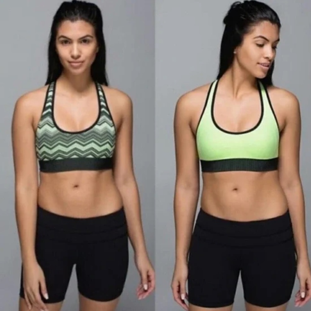 Women's Green Sports Bra - Reversible Light Green/Patterned